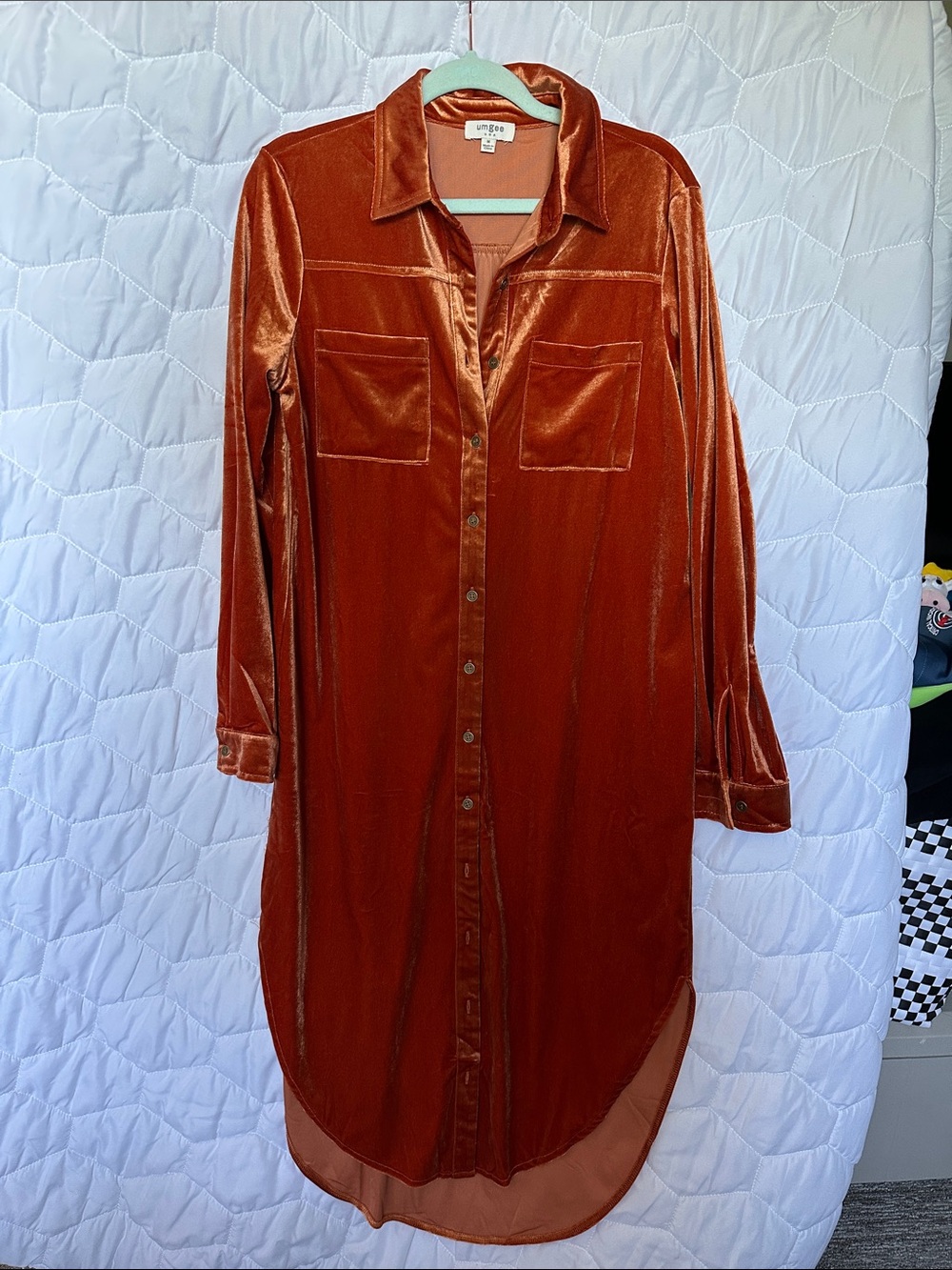 Um Gee Copper Velvet Button-Front Shirt Dress